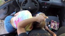 cute jogger woman gives carpenter a blowjob in his car during his lunch break