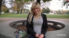A hot blonde sucks and fucks in the middle of a city park.