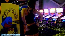 LunarKitty flashes and masturbates in an arcade near videogames